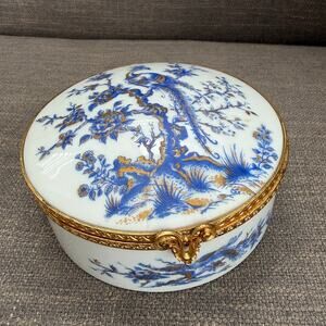 Limoges France Blue, White, Gold Peacock 4" Round Hinged Trinket / Jewelry Box